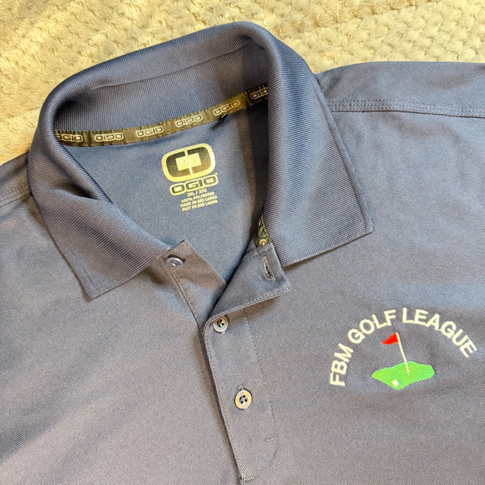 OGIO Mens 2XL Blue FBM Golf League Performance Polo Shirt Short Sleeve Logo